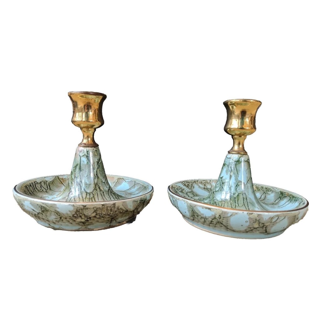 Vintage Candle Holder Aqua Swirl Unique Mid Century MCM Antique Home Decor Taper